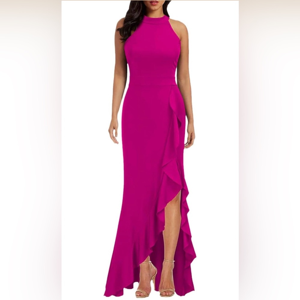 Woosea High Neck Split Sleeveless Bodycon Long Tank  Dress Fushia Small EUC